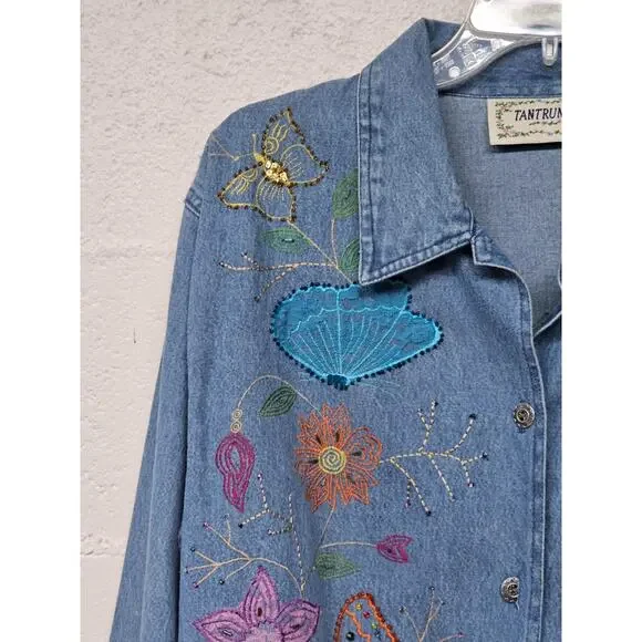 VTG Tantrums Embroidered Floral Denim Jacket Sz L Butterflies 90s Hippie Boho - Picture 5 of 16